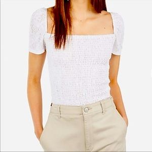 Express smocked lace sleeve top